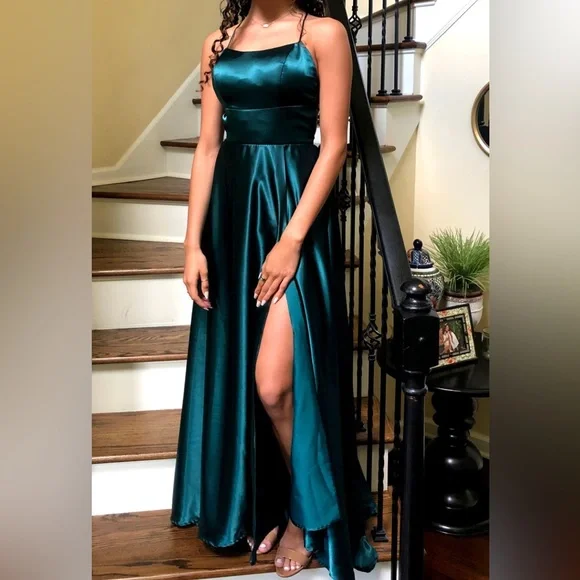 maxi emerald green prom dress A Line Emerald Green Satin Long Prom Dress With High Slit,WP041 – winkbridal main image 1